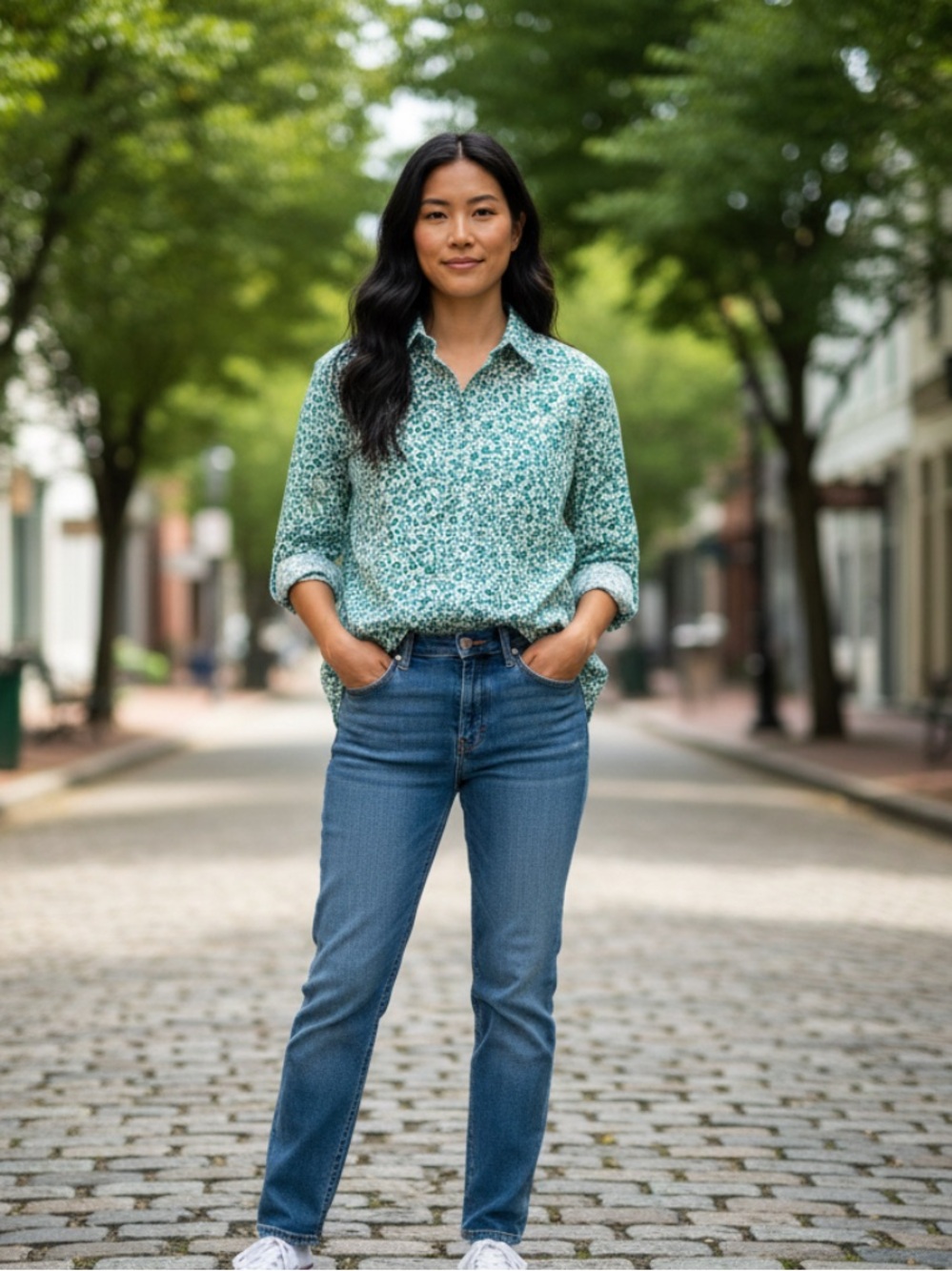 Lands' End Teal and White Floral Button-Down Shirt